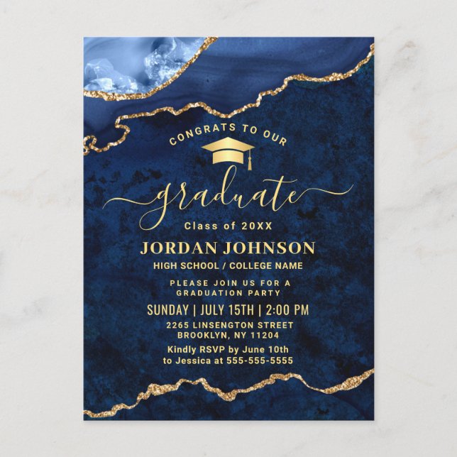 Moderne Golden Navy Blue Graduation Party Ankündigungspostkarte (Vorderseite)