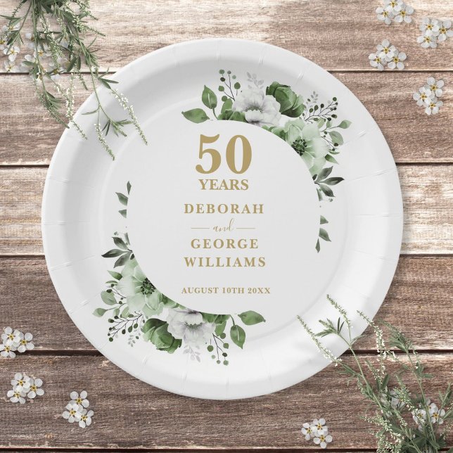 Moderne goldene 50. Hochzeitsjubiläum Pappteller (Modern Gold 50th Wedding Anniversary Greenery Paper Plates)
