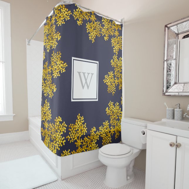 Moderne Goldene Blume Buds & Dunkelgrau | Monogram Duschvorhang (Beispiel)