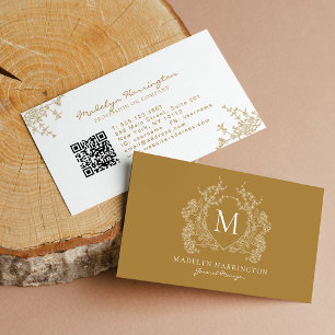 Moderne goldene florale Wappen-Monogramm-QR-Code Visitenkarte