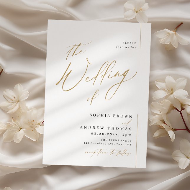 Moderne, goldene Hochzeitsschrift Einladung (Gold elegant modern script minimalist wedding invitation)
