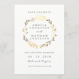 Moderne goldene Leaf-Kranz-Hochzeit rettet das Dat Save The Date