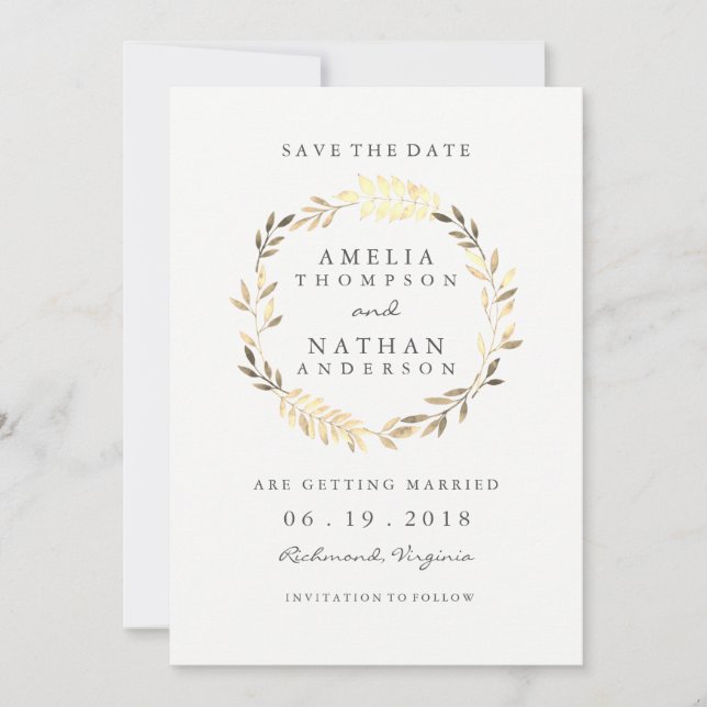 Moderne goldene Leaf-Kranz-Hochzeit rettet das Dat Save The Date (Vorderseite)