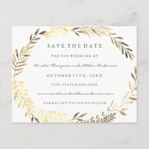 Moderne goldene Leaf-Kranz-Hochzeit rettet das Dat Save The Date