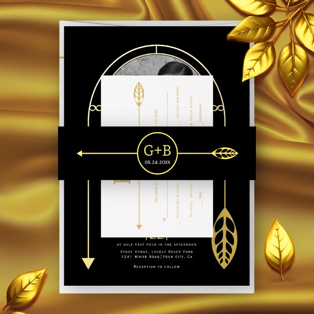 Moderne goldene Linie mit Blatt- und Pfahlhochzeit Einladungsbanderole (Von Creator hochgeladen)