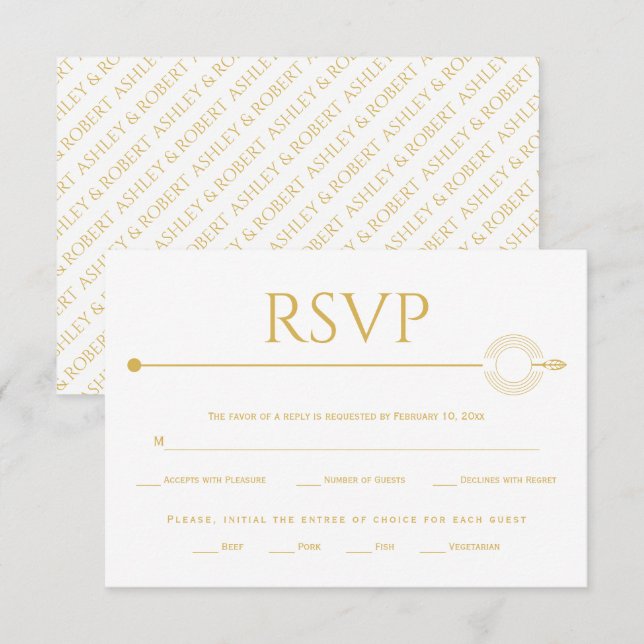 Moderne goldene Linie mit zentrischem Kreis Hochze RSVP Karte (Vorne/Hinten)