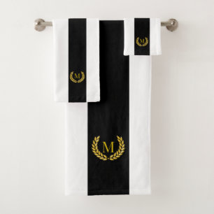 Moderne Goldene Lorbeeren & Monogramm auf Schwarz  Badhandtuch Set
