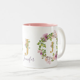 Moderne goldene Monogramm J Wasserfarben-Blumenkra Zweifarbige Tasse