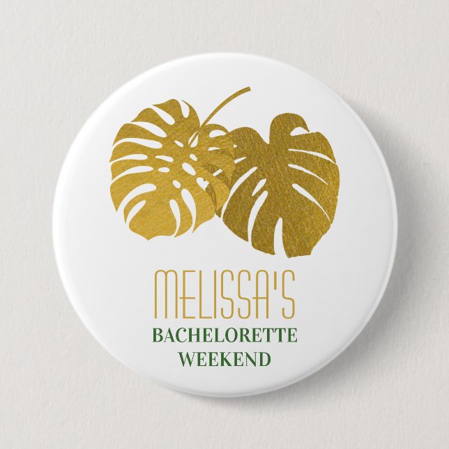 Moderne goldene Monstera-Blätter Junggesellinnen-W Button (Vorderseite)