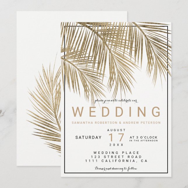 Moderne goldene Palmen, elegante Grenzhochzeit Einladung (Vorne/Hinten)