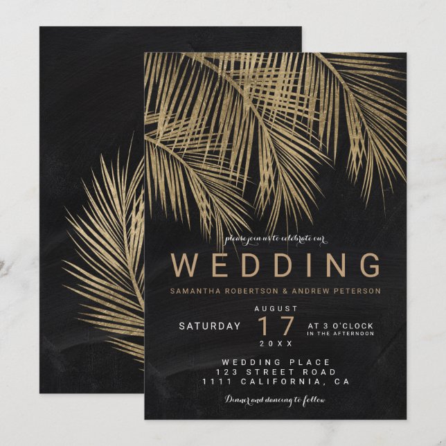 Moderne goldene Palmen-Tafel elegante Hochzeit Einladung (Vorne/Hinten)