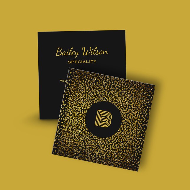 Moderne goldene Punkte in Monogramm schwarz Quadratische Visitenkarte (Luxury monogram design for square business card)
