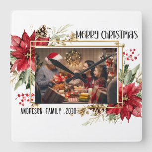 Moderne goldene Rahmen-Blumen-Weihnachten-Foto Quadratische Wanduhr