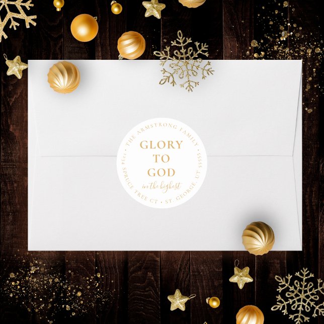 Moderne goldene religiöse Weihnachtszeit-Rücksende Runder Aufkleber (Religious Christmas sticker with return address in gold and white with Bible verse)