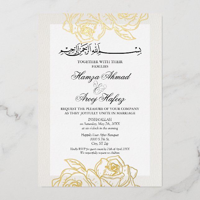 Moderne Goldene Rose Islamische Hochzeit Folieneinladung (Vorderseite)