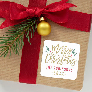 Moderne goldene Schrift Frohe Weihnachten Familien Quadratischer Aufkleber