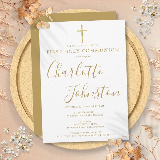 Moderne goldene Signatur Erste Heilige Kommune Einladung (Modern Golden Signature First Holy Communion Invitation)