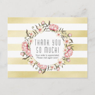 Moderne goldene Streifen & rosa florale Rosen Dank Postkarte