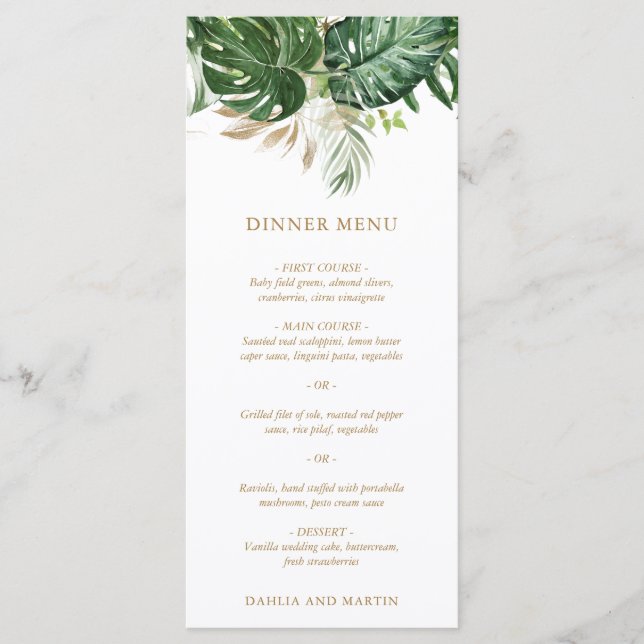 Moderne goldene Vegetation Tropische Hochzeit Menükarte (Vorderseite)