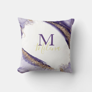 Moderne goldfarbene, Lila Sparkling-Monogramm-Aqua Kissen