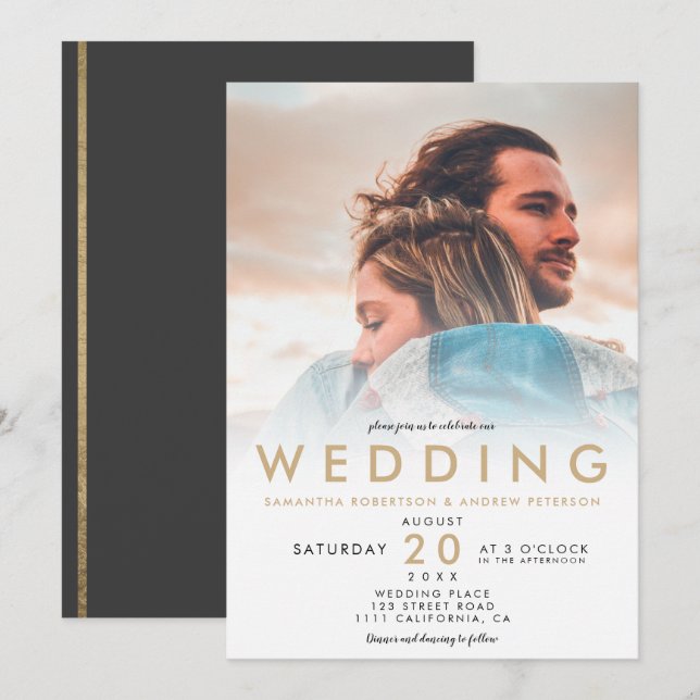 Moderne, goldfarbene Omelette Foto Hochzeit Einladung (Vorne/Hinten)