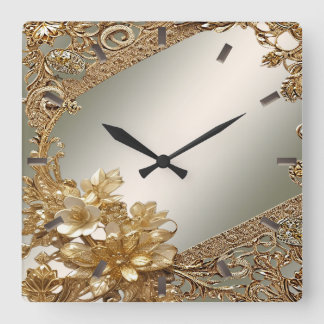 Moderne goldfarbene Verzierte Blumenmauer Quadratische Wanduhr
