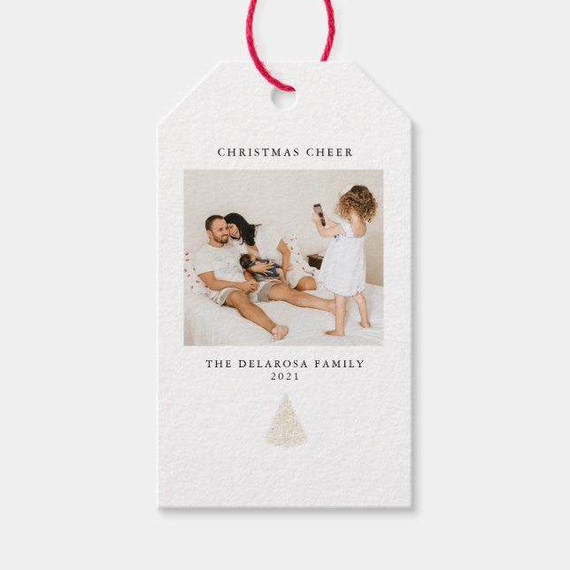 Moderne goldfarbene Weihnachtsbaume Cheer Zwei Fot Geschenkanhänger (Vorderseite)