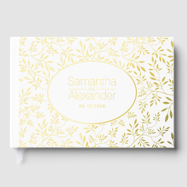 Moderne Goldfolie-Blätter und Rahmenhochzeit Gästebuch (Vorderseite)