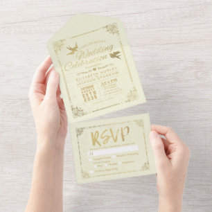 Moderne Goldfolie Schrift Blütenrahmen Hochzeit RS All In One Einladung