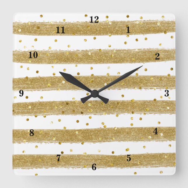 Moderne Goldfolie, weiß, Streifen, Konfetti-Uhr Quadratische Wanduhr (Vorderseite)