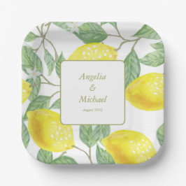 Moderne goldgelbe Zitronen Grüne Blätter Hochzeit Pappteller