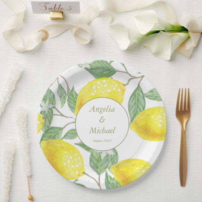 Moderne goldgelbe Zitronen Grüne Blätter Hochzeit Pappteller (Hochzeit)