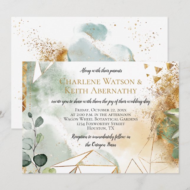 Moderne goldgrüne geometrische Botanische Hochzeit Einladung (Vorne/Hinten)