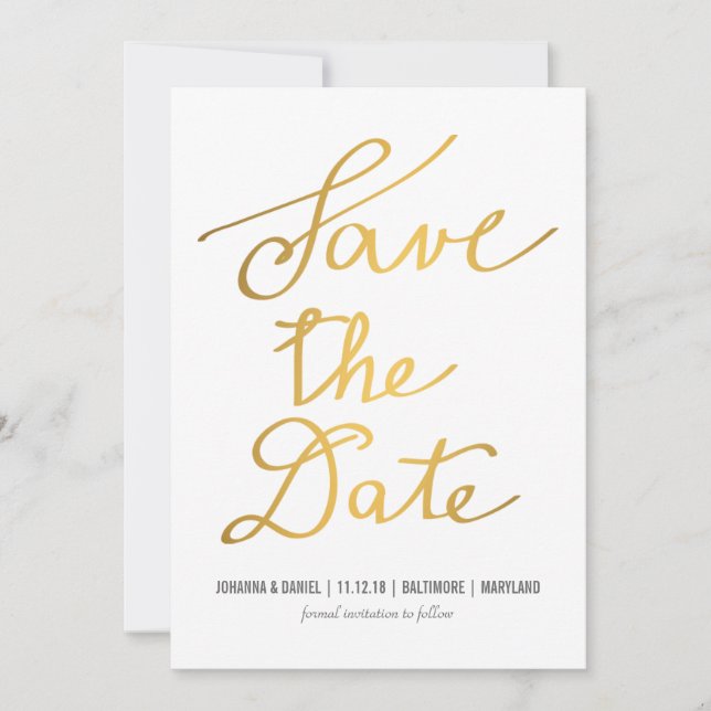 Moderne Goldkalligrafie-Hochzeit spart das Datum Save The Date (Vorderseite)
