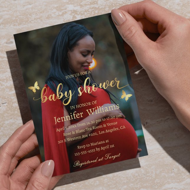 moderne Goldkalligraphie-Foto-Babydusche Einladung (Von Creator hochgeladen)