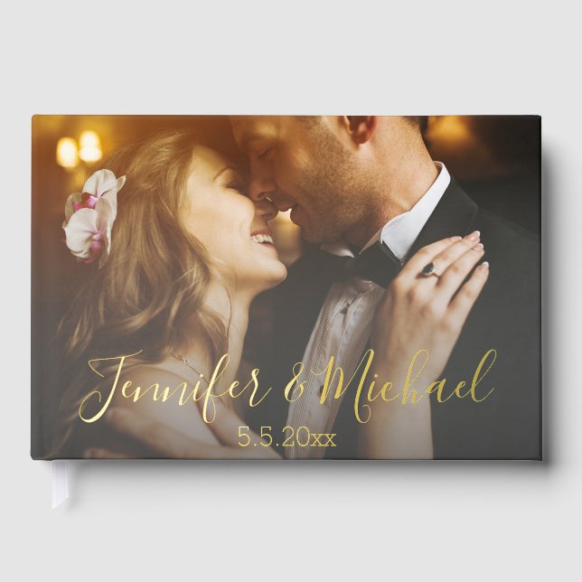 moderne Goldkalligraphie-Hochzeit verblassten Foto Gästebuch (Vorderseite)