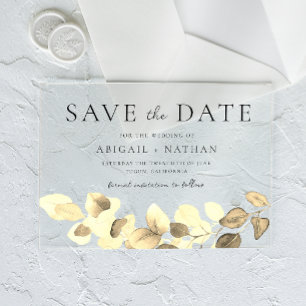 Moderne Goldleaf-Hochzeit spart das Datum Acryleinladungen