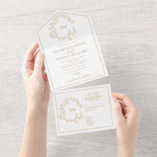 Moderne Goldleafy-Wappen-Monogram-Hochzeit All In One Einladung