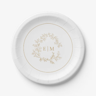 Moderne Goldleafy-Wappen-Monogram-Hochzeit Pappteller