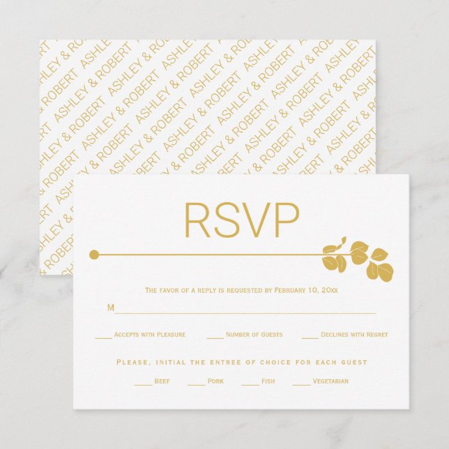 Moderne Goldlinie und Zweig mit Blätter Hochzeit RSVP Karte (Vorne/Hinten)