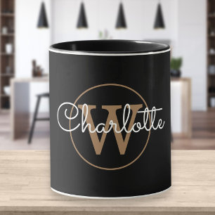 Moderne Goldmonogramm-Schrift Schwarz Tasse