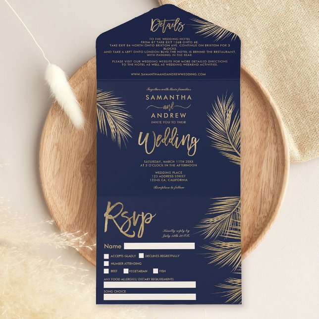 Moderne Goldpalme tropische Marinebräu Hochzeit All In One Einladung (Von Creator hochgeladen)
