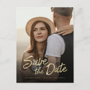 Moderne Goldpinsel-Schrift Save-the-Date-Karte mit Ankündigungspostkarte