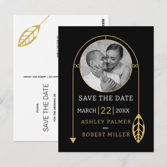 Moderne Goldrahmen mit Foto- und Blatthochzeit Postkarte (Vorne/Hinten)