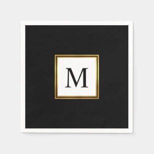 Moderne Goldrahmen-Schwarz-weiß-Monogramm-Hochzeit Serviette