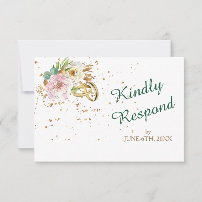 Moderne Goldrings Wild Rose Wedding RSVP Karte (Vorderseite)
