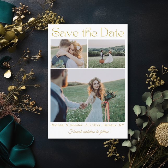 Moderne Goldschrift 3 Foto Collage Hochzeit Save The Date (Von Creator hochgeladen)