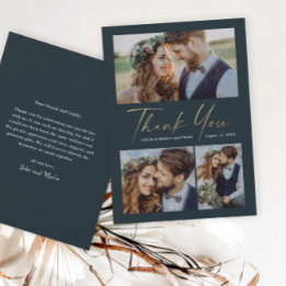 Moderne Goldschrift 3 Foto-Hochzeit Dankeskarte