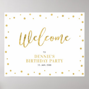 Moderne Goldschrift-Konfetti-Willkommensparty-Schi Poster