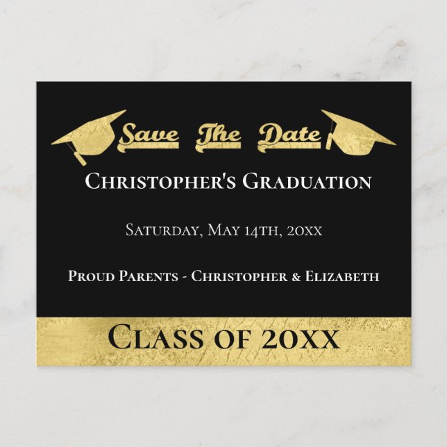 Moderne goldschwarze Save the Date Graduierungskap Ankündigungspostkarte (Vorderseite)